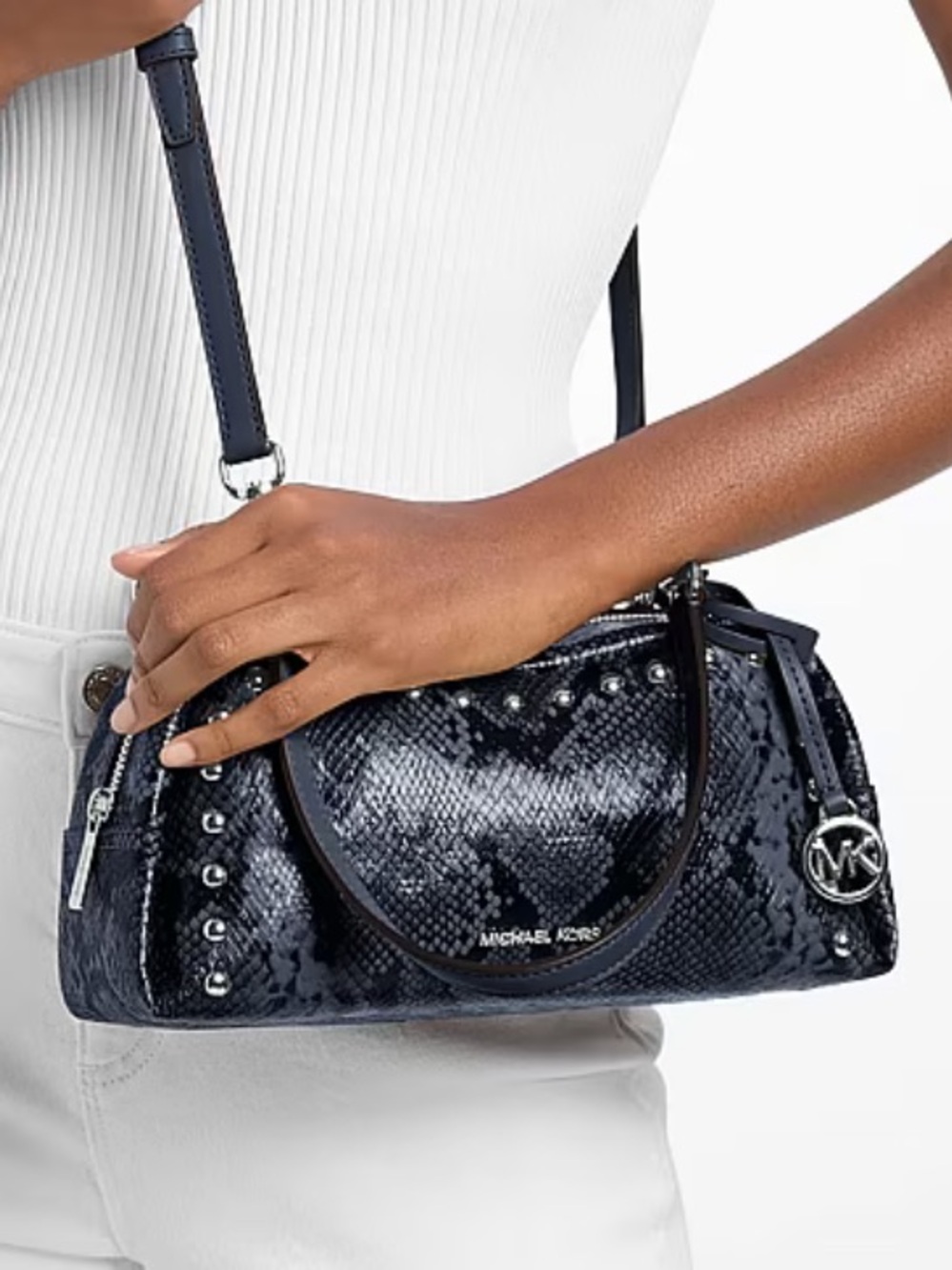 Michael Kors Navy Snake-Print Studded Shoulder Bag Crossbody with MK Charm